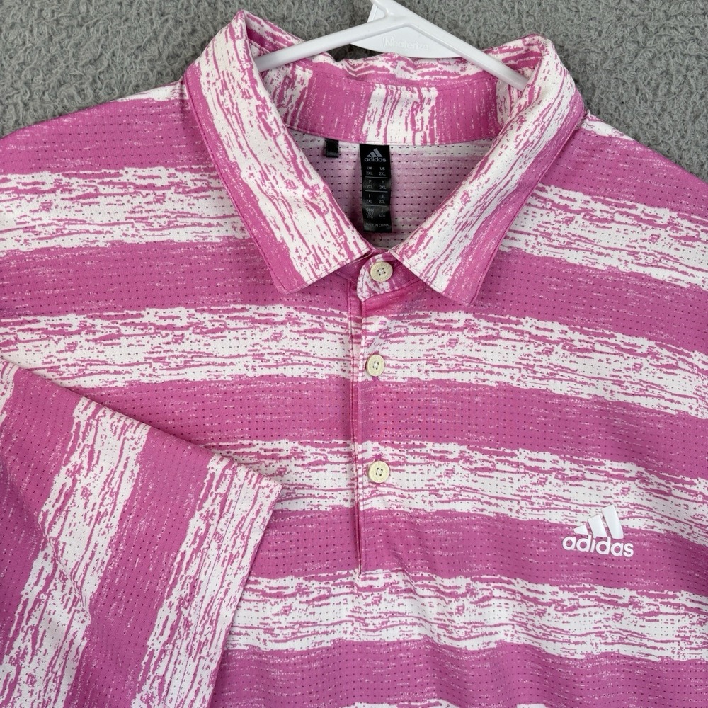 Adidas Golf Polo Men's 2XL Pink Painted Striped Performance Stretch Vented Shirt